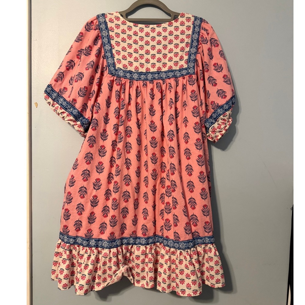 Old Navy XXL Pink Floral Print Boho Mini Dress Tassel Puff Sleeve Pockets 2128